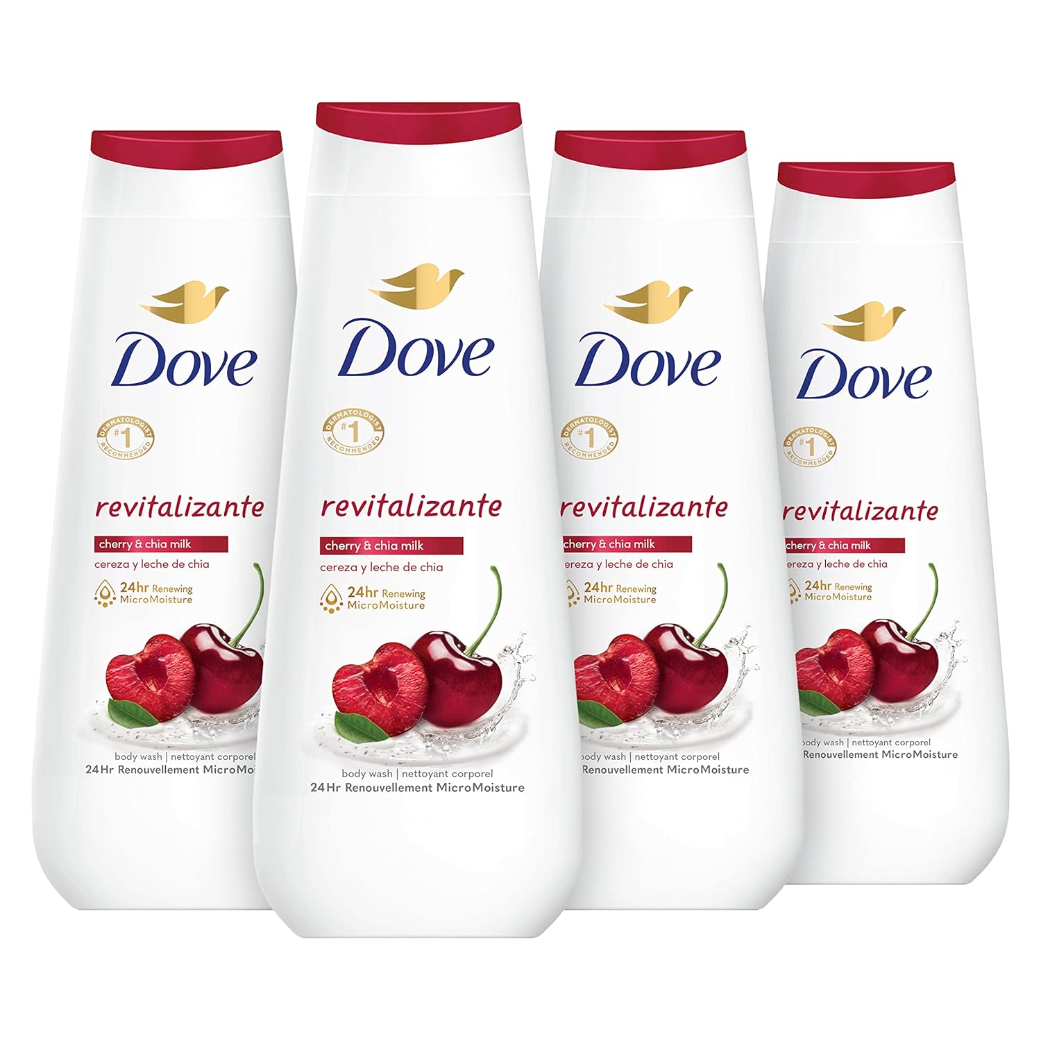 Dove Body Wash Revitalizante Cherry & Chia Milk 4 Count For Renewed, Healthy-Looking Skin Gentle Skin Cleanser With 24Hr Renewing Micromoisture 20 Oz