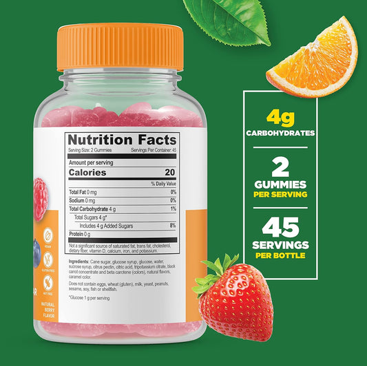 Lifeable Glucose Gummies - Great Tasting Natural Flavor Gummy - Gluten Free Gmo-Free Chewable - For Adults And Kids - 90 Gummies
