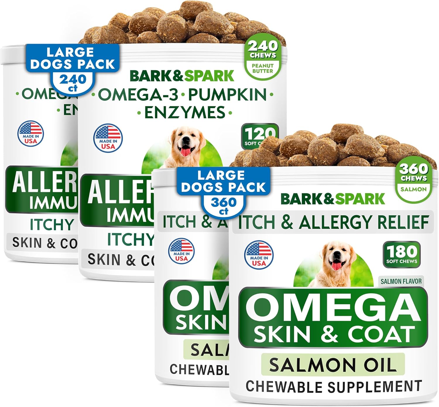 Allergy Relief + Omega 3 Bundle - Anti-Itch & Hot Spots + Skin Allergy - Omega 3 + Pumpkin + Enzymes + Epa&Dha Fatty Acid - Immune Supplement + Joint Health - 240 Chews + 360 Chews - Made In Usa