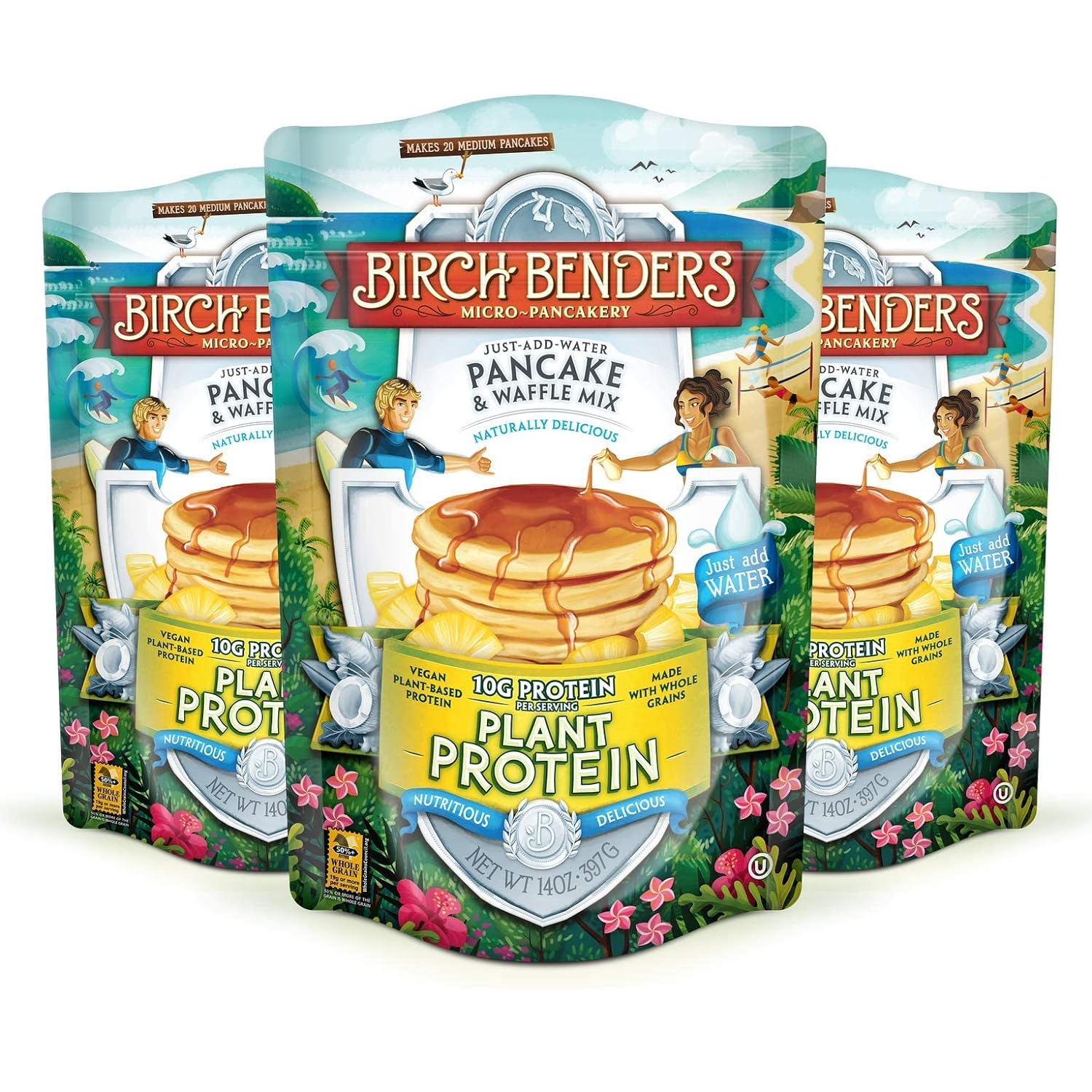 Birch Benders Plant Protein Pancake & Waffle Mix, Vegan, 9 g Plant-Based Protein, Whole Grains, Just Add Water 14 oz (Pack of 3)