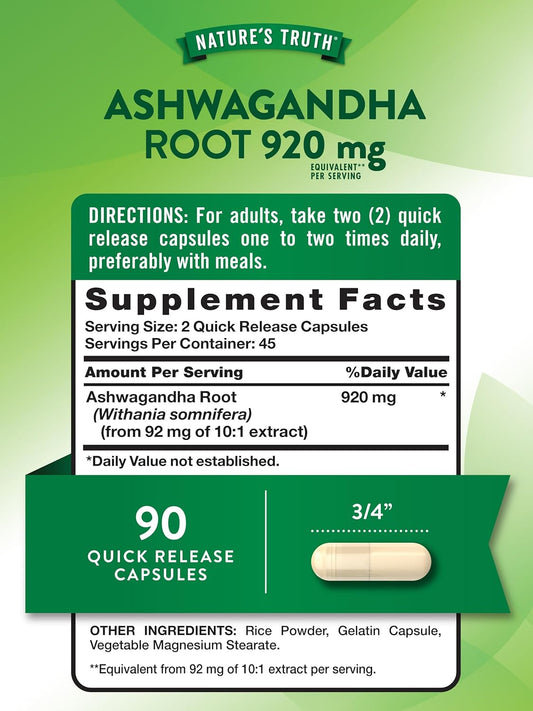 Nature'S Truth Ashwagandha Capsules | 920 Mg | 90 Count | Non-Gmo & Gluten Free Supplement