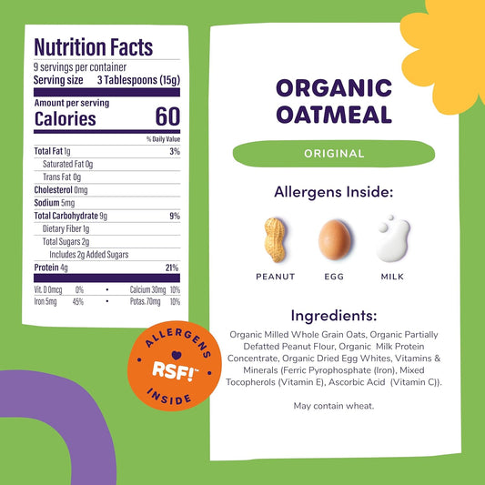 Ready Set Food Organic Baby Oatmeal Cereal – Safe & Easy Early Allergen Exposure For Babies 6+ Months, Organic Baby Food With 3 Top Allergens: Organic Peanuts, Egg, And Milk (Original, 2-Pack)
