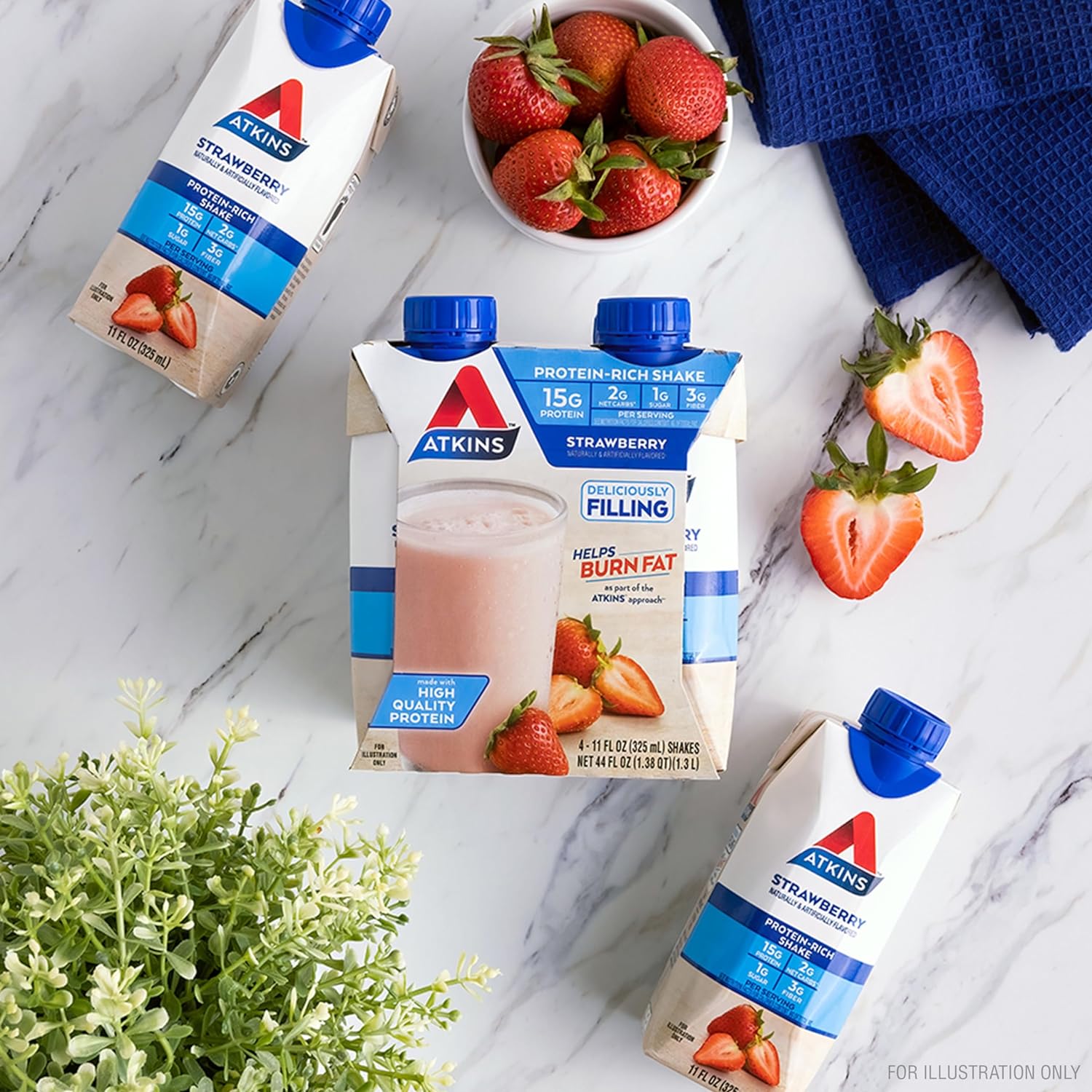 Atkins Strawberry Protein Shake, 15g Protein, Low Glycemic, 2g Net Carb, 1g Sugar, Keto Friendly, 12 Count : Health & Household