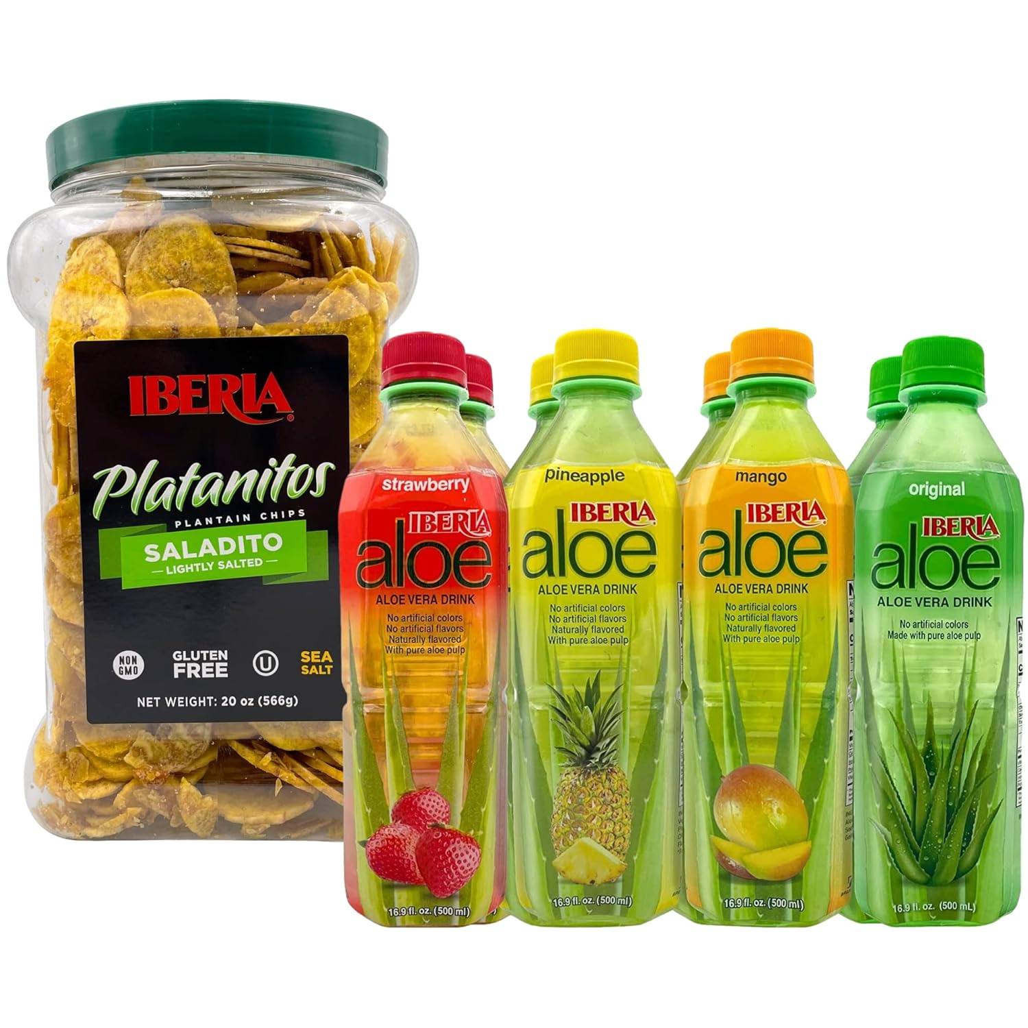 Iberia Aloe Vera Drinks, Variety (Pack of 8) + Iberia Salted Plantain Chips Jar, 1.75 lb. Bundle