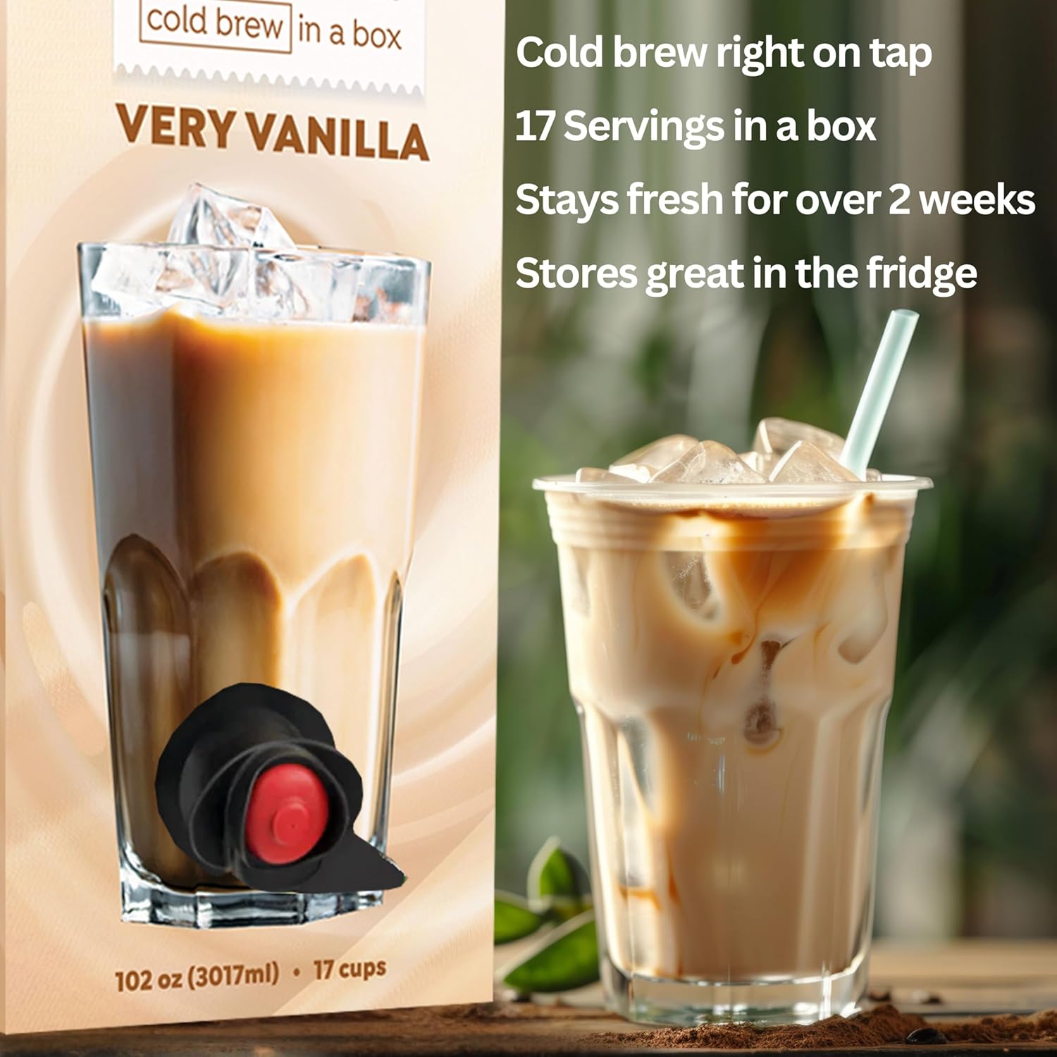 Blended Cold Brew In A Box, Iced Cold Brew Coffee Dispensed From A Box, Premixed Vanilla Flavor Cold Brew, Ready To Drink Iced Coffee (17 Servings)