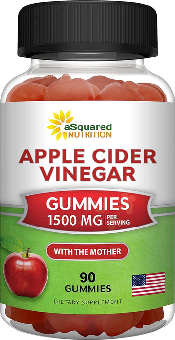 Asquared Nutrition Apple Cider Vinegar Gummies - 1500Mg With The Mother - 90 Acv Gummies W/Vitamin B6 & B12, Folic Acid - Vegan Gummy Supplement Alternative To Capsules Pills & Drink