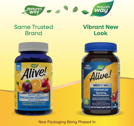 Natures Way Alive! Mens 50+ Premium Gummy Multivitamin, Supports Healthy Heart, Brain & Muscel Function*, B-Vitamins, Vegetarian, Grape, Orange And Cherry Flavored, 75 Gummies (Packaging May Vary)