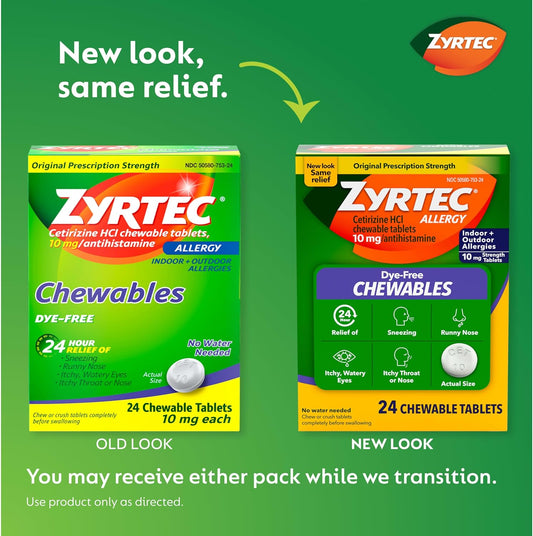 Zyrtec 24 Hour Allergy Relief Chewable Tablets With 10 Mg Cetirizine Hydrochloride Antihistamine, Allergy Medicine For Symptoms Such As Runny Nose & Itchy, Watery Eyes, Dye-Free, 24 Ct