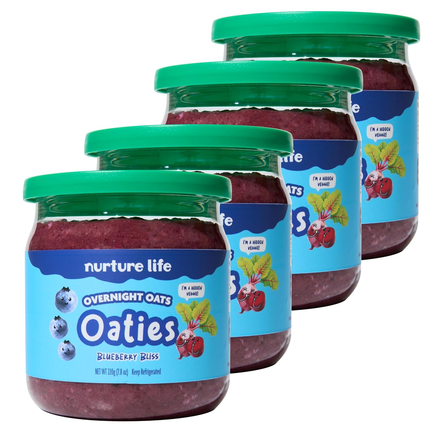 Nurture Life Overnight Oats, Blueberry Bliss, Healthy Snacks For Kids, Nutritious Breakfast For Children W/Real Fruit & Hidden Veggies, No Added Sugar, Ready To Eat Meals For Toddlers & Kids, 4 Pack