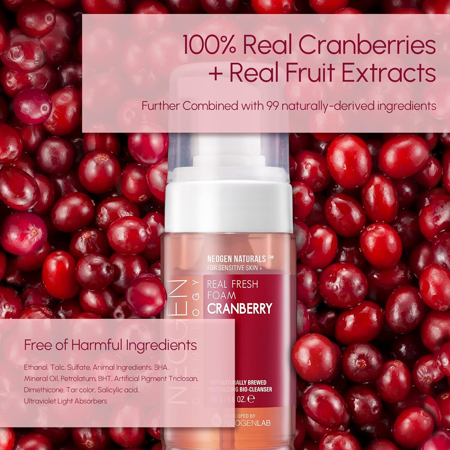 Dermalogy By Neogenlab Real Fresh Foam Cleanser, Cranberry 5.6 Fl Oz (160G) - Revitalizing & Hydrating Gentle Cleansing Foam With Real Cranberries, Clean Beauty - Korean Skin Care