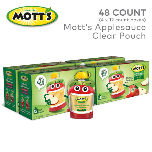 Mott'S No Sugar Added Applesauce, 3.2 Oz Clear Pouches, 48 Count (4 Packs Of 12), Good Source Of Vitamin C, No Artificial Flavors