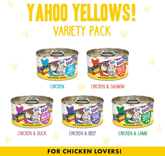 Weruva B.F.F. Omg - Best Feline Friend Oh My Gravy!, Yahoo Yellows! Variety Pack, 2.8Oz Can (Pack Of 12)