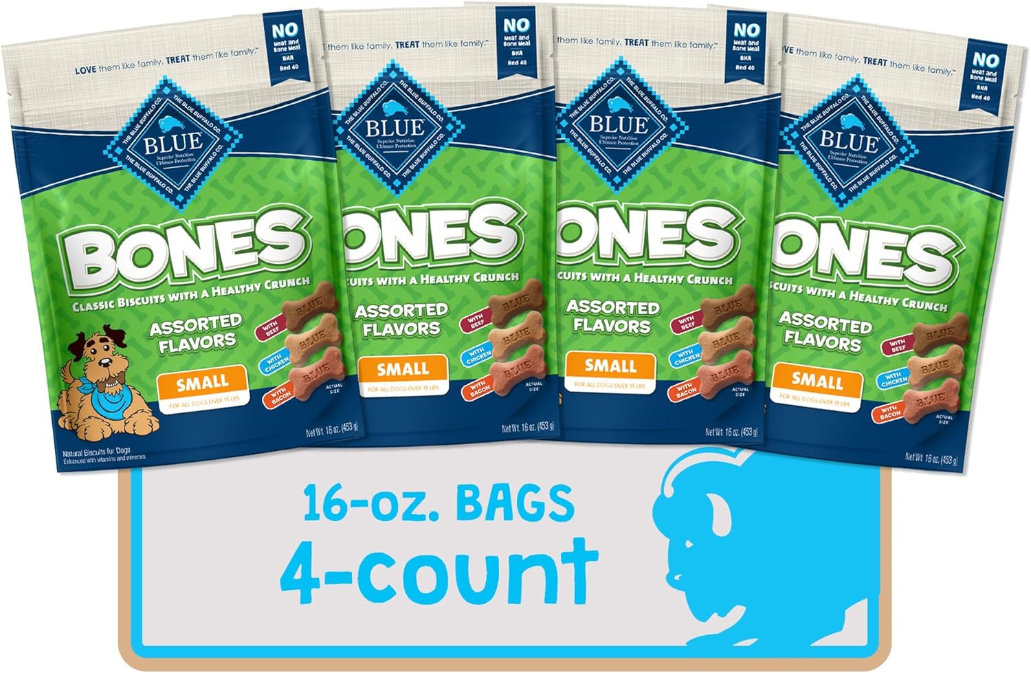 Blue Buffalo Bones Small Natural Dog Treats, Crunchy Dog Biscuits, Assorted Flavors - Beef, Chicken, Bacon Flavors, 16-Oz. Bag (4 Pack)