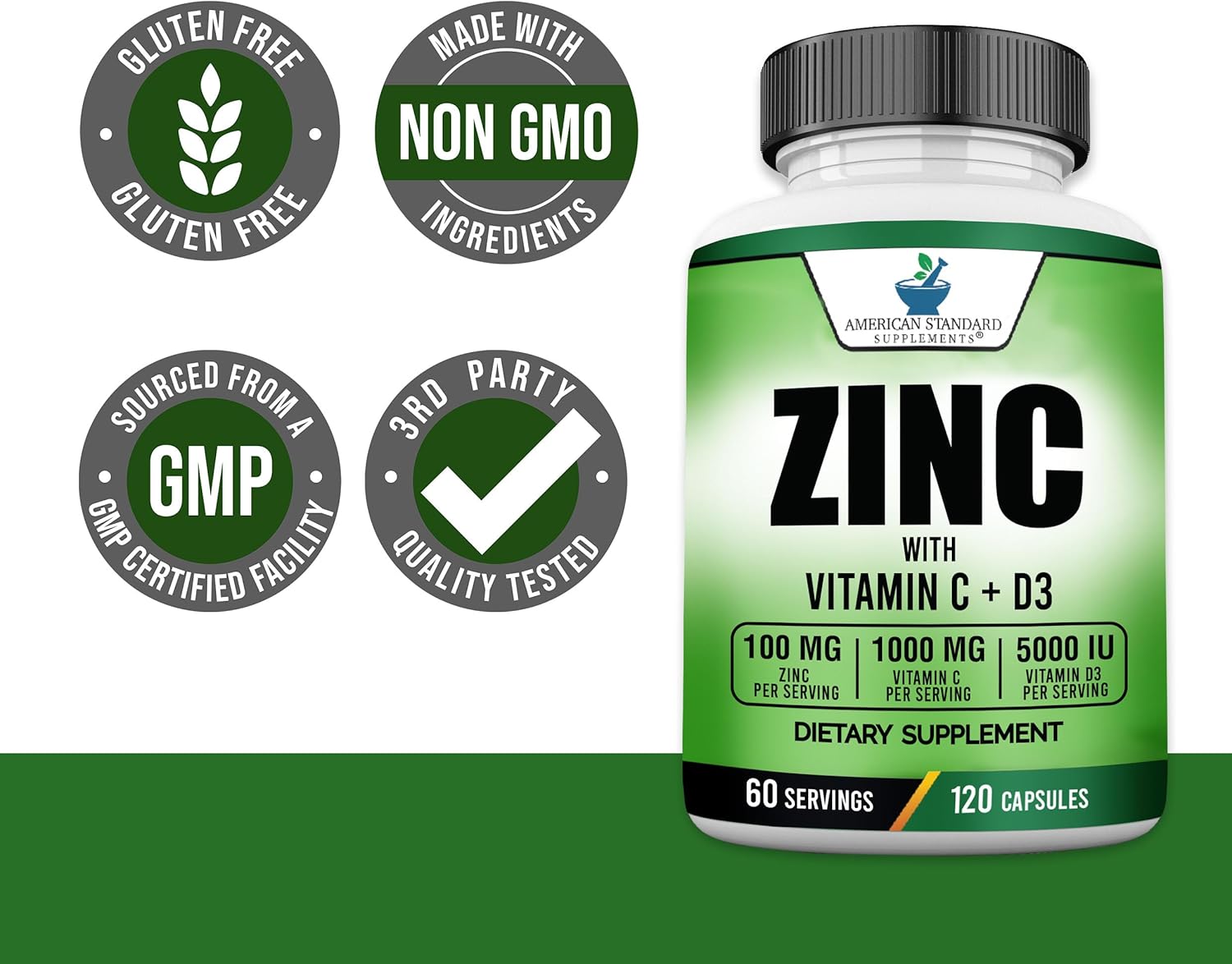 American Standard Supplements Zinc 100Mg, Vitamin C 1000Mg, And Vitamin D3 5000 Iu (125Mcg) Per Serving - Gluten Free, Non-Gmo, 60 Capsules, 30 Servings
