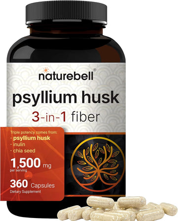 Naturebell Psyllium Husk Capsules 1500Mg Per Serving, 360 Count, With Inulin & Chia Seed –Soluble Fiber For Digestion – Plant Based Herbal Fiber Supplement, Non-Gmo, Gluten Free