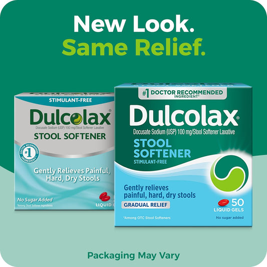 Dulcolax Stool Softener Laxative Liquid Gel Capsules, Gentle Constipation Relief For Hard, Dry Stools, Docusate Sodium 100 Mg, 50 Count