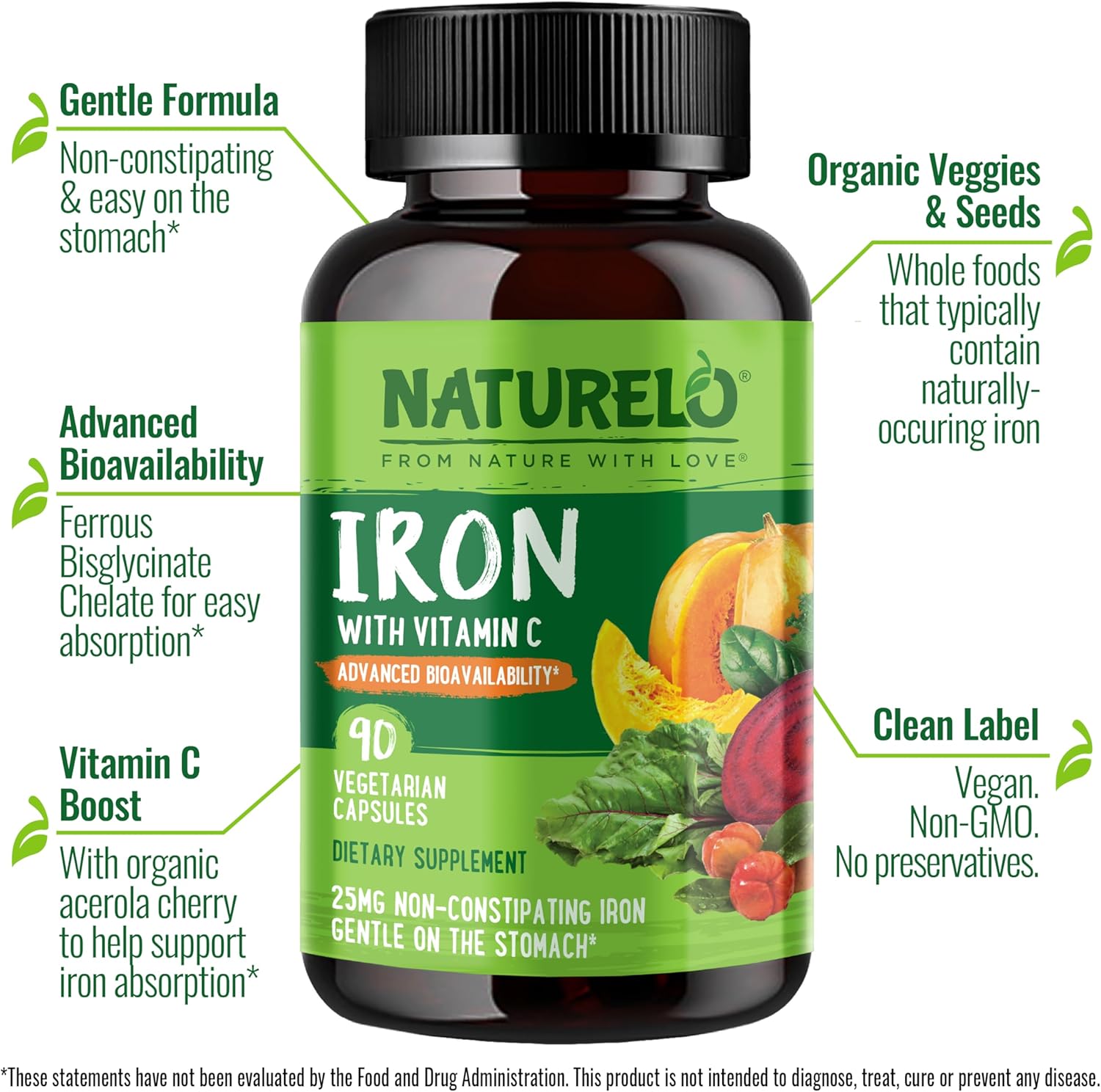 NATURELO Vegan Iron Supplement with Vitamin C and Organic Whole Foods - Gentle Pills for Women & Men w/Iron Deficiency Including Pregnancy, Anemia Diets 90 Mini Capsules : Health & Household