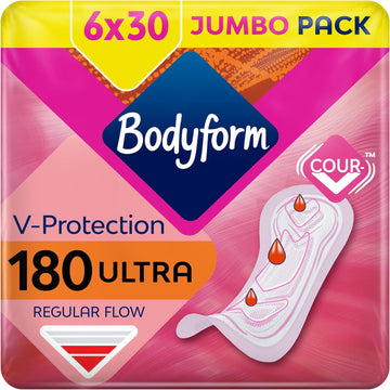 Bodyform Ultra Normal Sanitary Towels, 180 (30 X 6 Packs) Period Pads, SecureFit Leakage Protection, Ultra-Breathable Top Layer