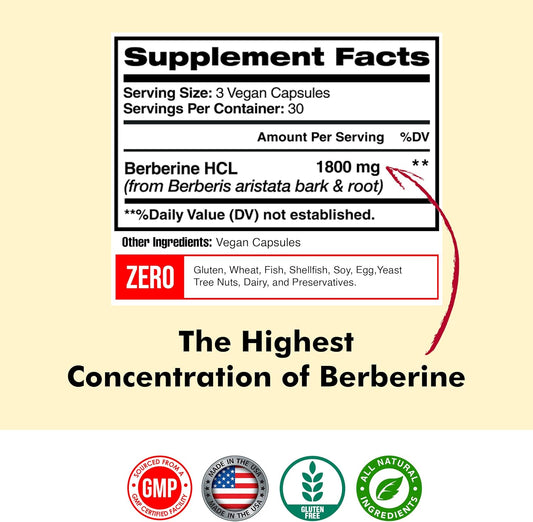 Berberine 1800Mg Per Serving, Berberine Supplement, Berberine Hcl, Berberine Pills, Berberine Capsules, Cardiovascular & Heart Health, Immune Support, 90 Veggie Capsules