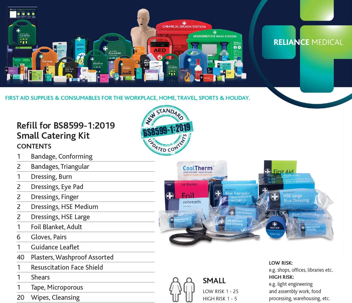 Reliance Medical Small Catering First Aid Kit Refill - Essential Supplies for Workplace, Compliance and Safety, Includes Dressings, Plasters, Workplace Injuries First Aid Supplies : Amazon.co.uk: Health & Personal Care