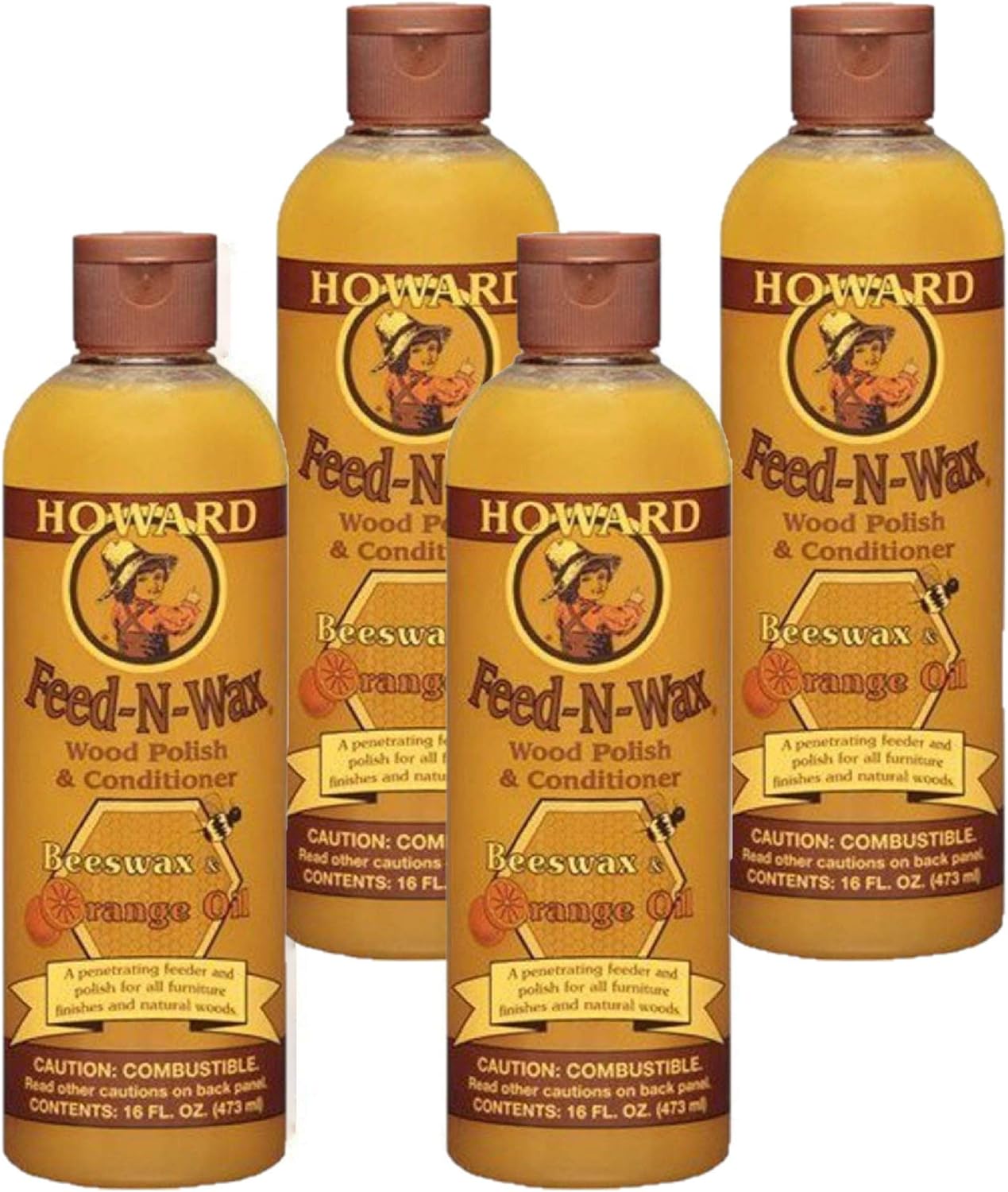 Howard Products Feed-N-Wax Wood Polish & Conditioner, Orange (4, 16 oz)