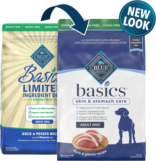 Blue Buffalo Basics Skin & Stomach Care, Grain Free Natural Adult Dry Dog Food, Duck & Potato 22-lb