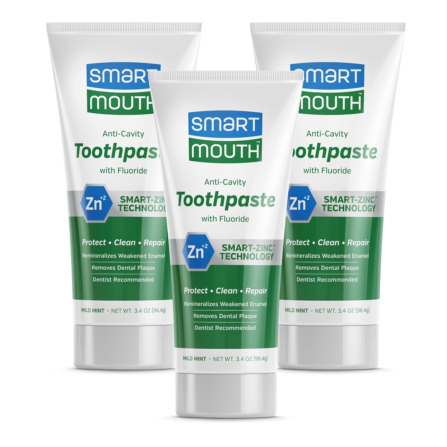 Smartmouth Premium Zinc Ion Toothpaste, Cavity, Enamel, And Plaque Help, Mild Mint, 3.4 Oz, 3 Pack