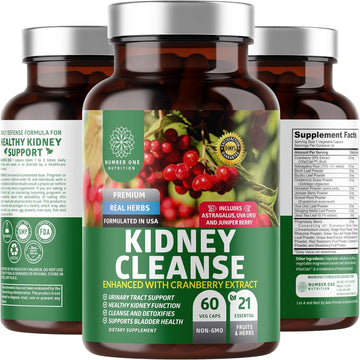 N1N Premium Kidney Cleanse [21 Potent Herbs] for Urinary Tract & Bladder Control, Natural Kidney Support with Cranberry Extract, Astragalus and Uva Ursi Leaf, 60 Veg Caps