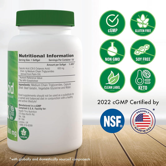 Health Thru Nutrition Caprylic Acid 600Mg 200 Softgels | C8 Octanoic Acid From Pure 1G Mct Oil | Non-Gmo & Soy Free | Support Healthy Digestive And Intestinal Health | Keto Friendly