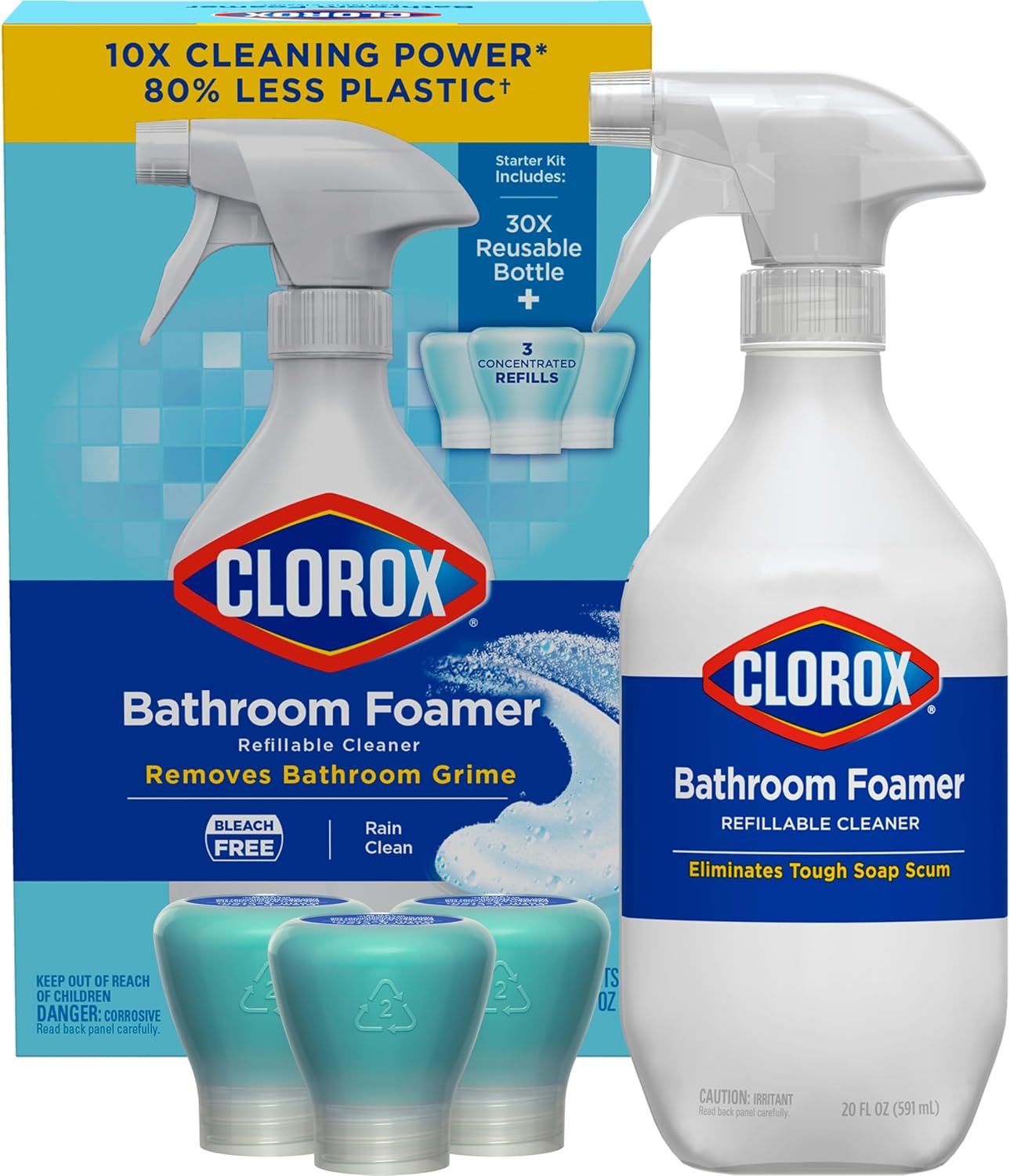 Clorox Bathroom Foamer Refillable Cleaner, Household Essentials, 1 Bottle And 3 Refill, Rain Clean, 1.13 Fl Oz