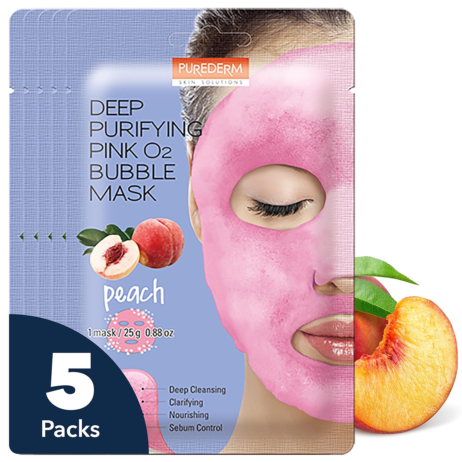 Purederm Deep Purifying Pink O2 Bubble Mask Peach (5 Pack) – Bubble Face Sheet Mask For Purifying & Moisturizing