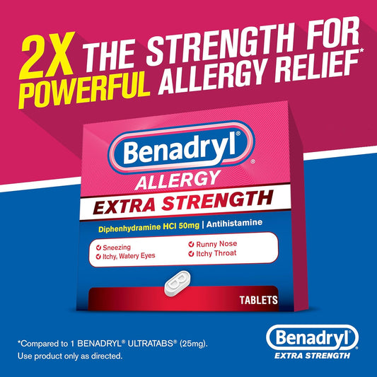 Benadryl Extra Strength Antihistamine Allergy Relief Medicine, 50 Mg Diphenhydramine Hcl Tablets For Relief Of Allergy Symptoms Due To Hay Fever Or Other Upper Respiratory Allergies, 24 Ct