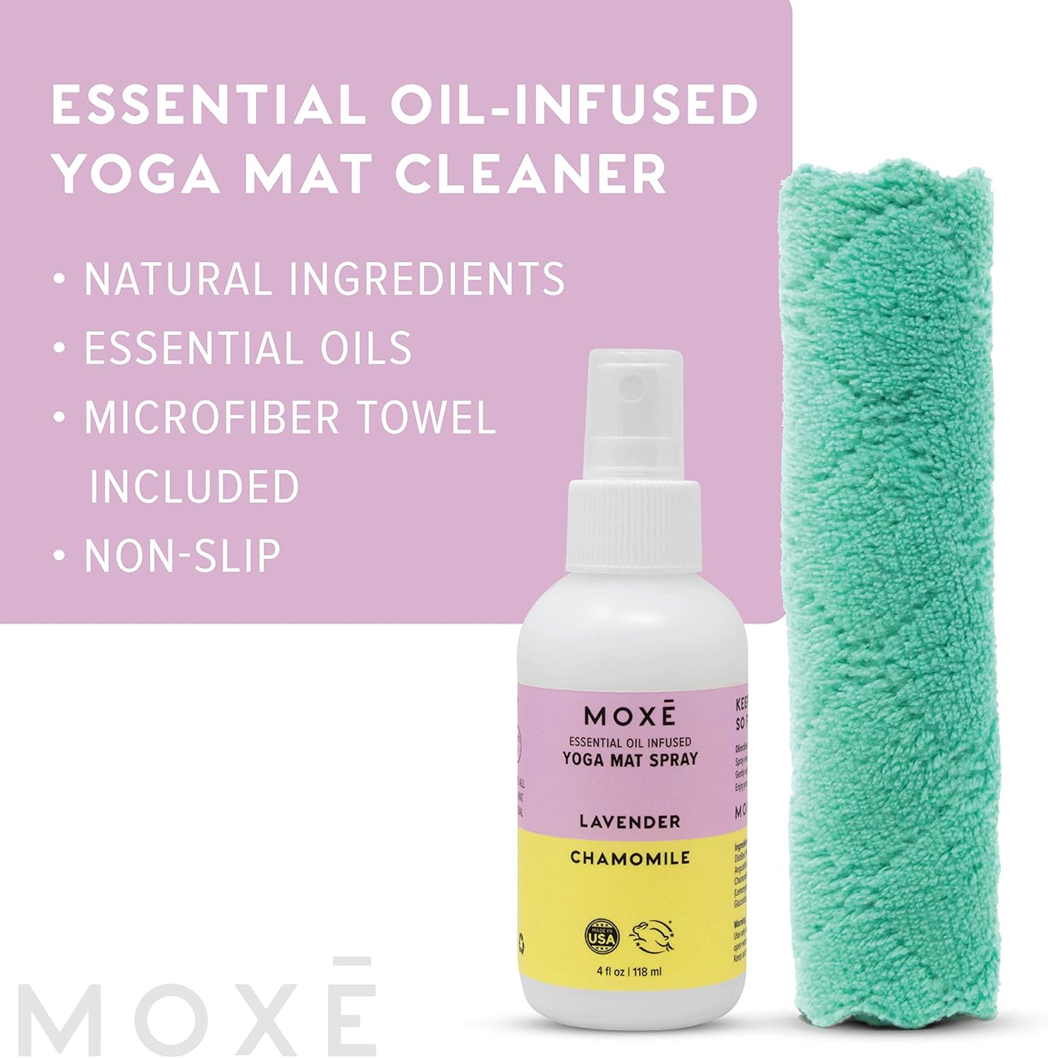 Moxe Yoga Mat Cleaner Lavender & Chamomile Essential Oils, 4 Ounces, Safe For All Mats & Exercise Equipment, Odor & Sweat Protection, Made In Usa