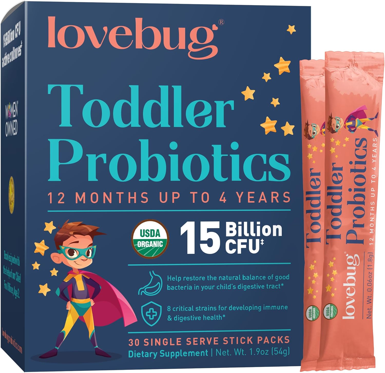 Lovebug Toddler Probiotics - Organic Probiotic For Kids & Toddler Constipation Relief, Stomach Discomfort And Softer Bowel Movements, Clear Dissolvable Powder, Ages 12 Months To 4 Year Olds - 30 Pack