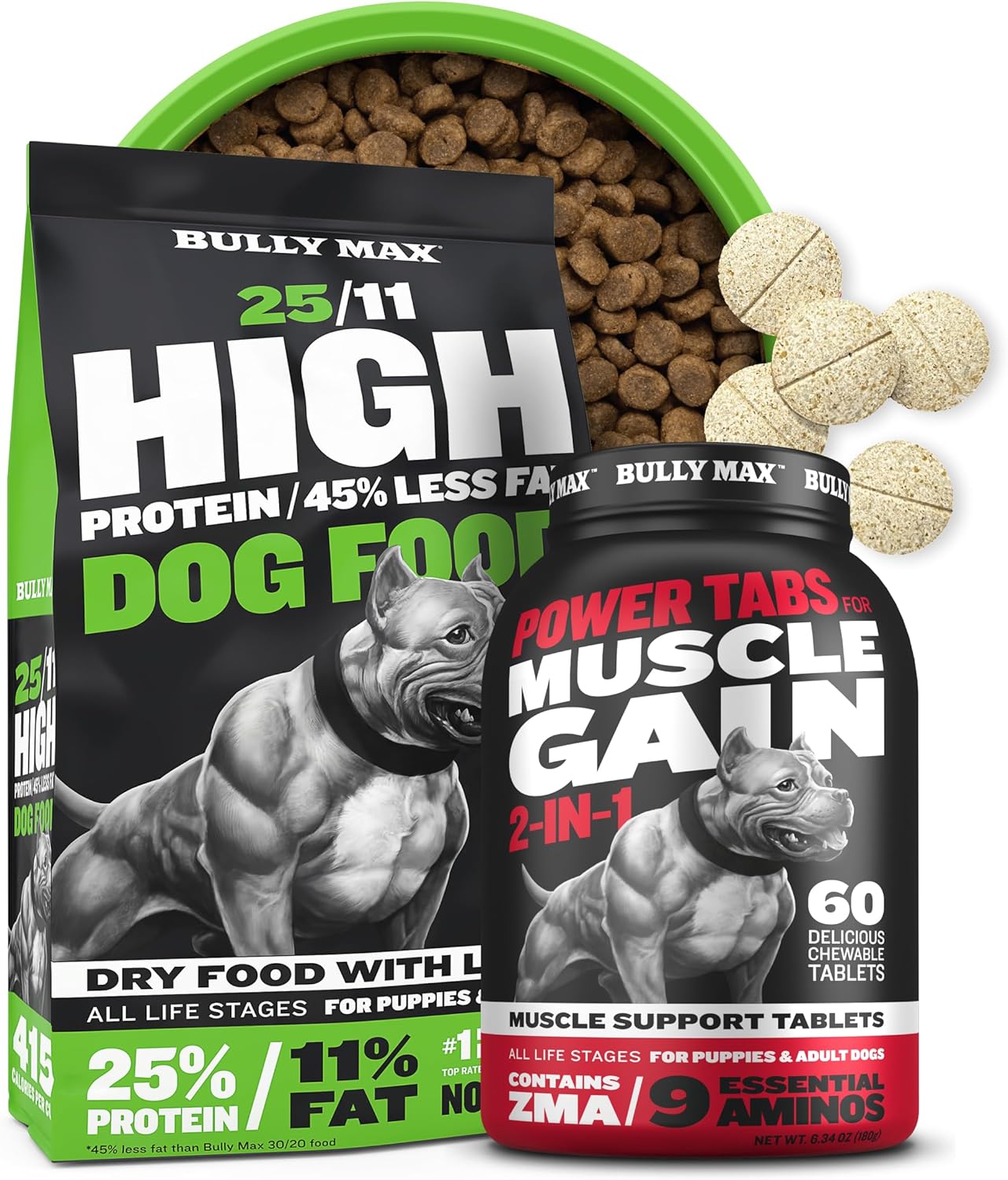 Bully Max 25/11 High Protein & Low Fat Dry Lamb Dog Food 5Lbs. Bundle With Muscle Builder Power 60 Chewable Tabs For Puppies & Adult Dogs, All Breeds & Ages