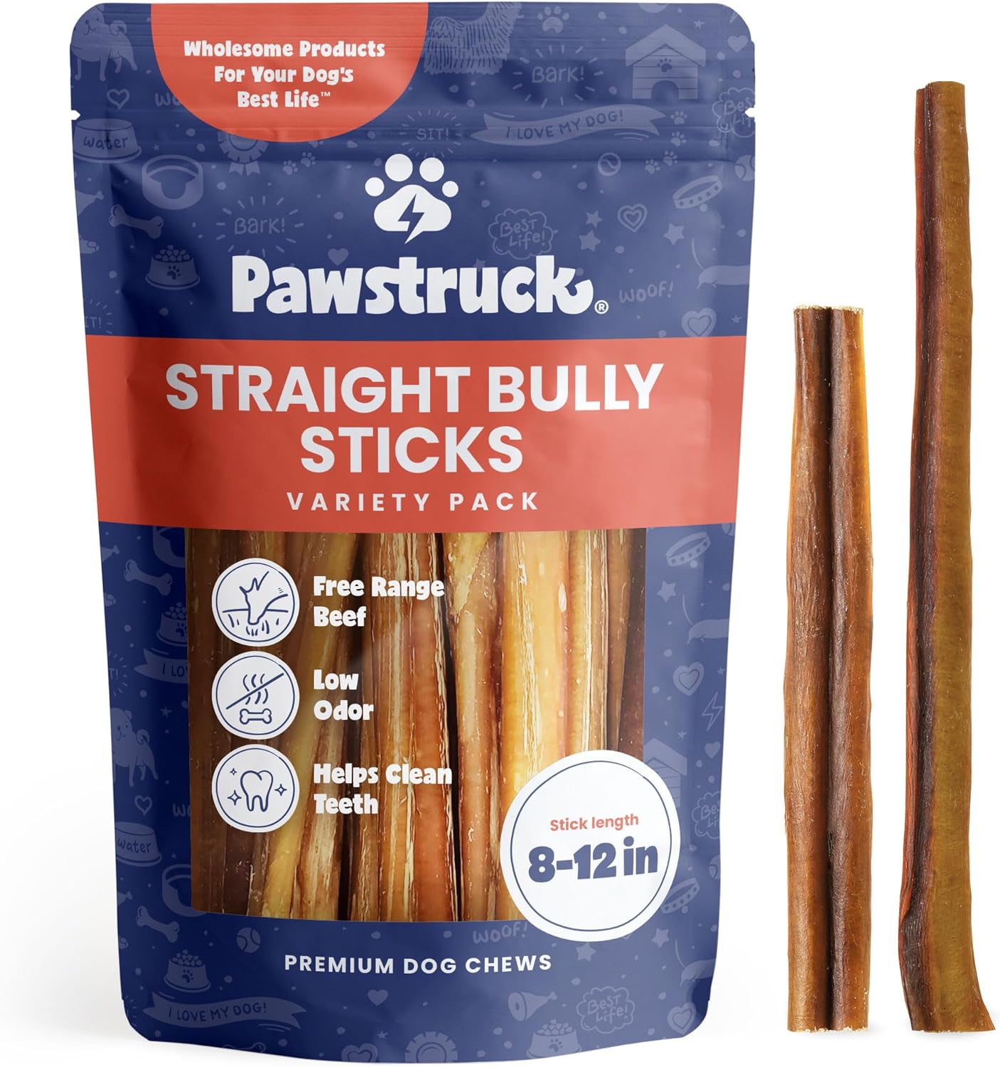 Pawstruck Natural 8-12" Bully Sticks for Dogs - Best Long Lasting, Rawhide Free, Low Odor & Grain Free Dental Chew Treat - Healthy Single Ingredient 100% Real Beef - 1 lb Bag - Packaging May Vary