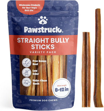 Pawstruck Natural 8-12" Bully Sticks for Dogs - Best Long Lasting, Rawhide Free, Low Odor & Grain Free Dental Chew Treat - Healthy Single Ingredient 100% Real Beef - 1 lb Bag - Packaging May Vary