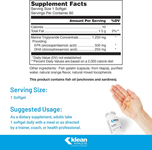 Klean Athlete Klean Omega | Pure Fish Oil In Triglyceride Form To Support Cardiovascular, Neurological And Joint Health | Nsf Certified For Sport | 60 Softgels