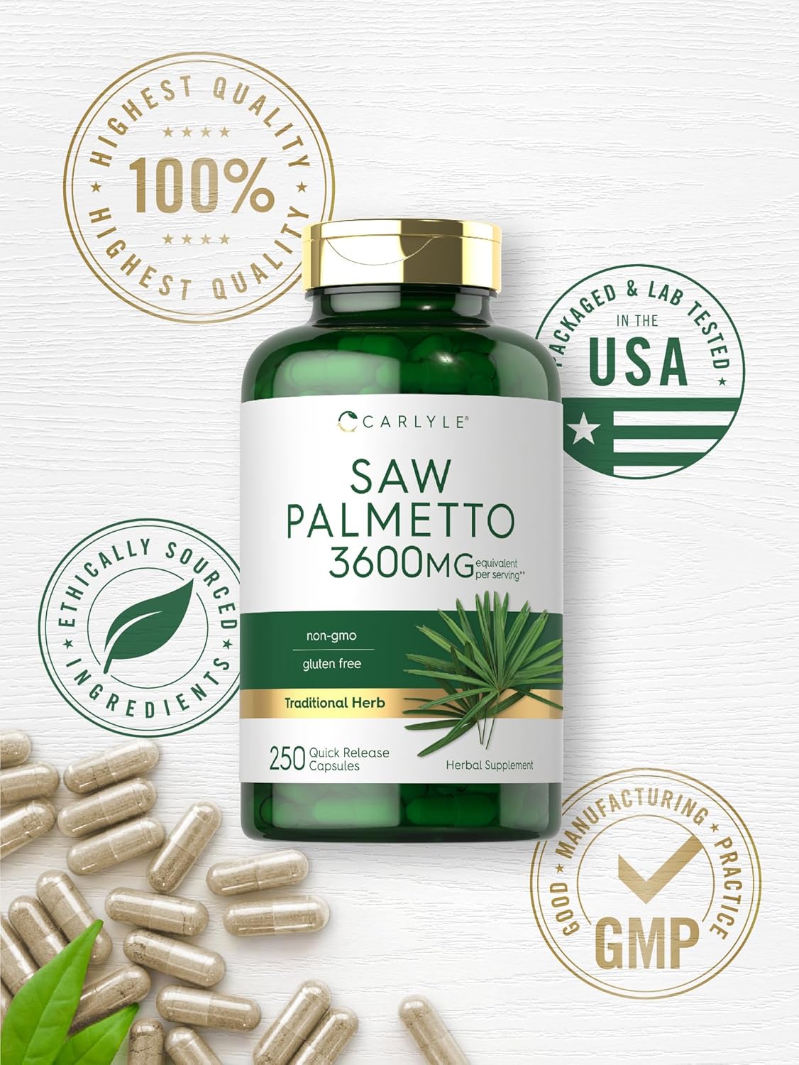 Carlyle Saw Palmetto Extract | 3600mg | 250 Capsules | Non-GMO and Gluten Free Formula from Saw Palmetto Berries : Health & Household