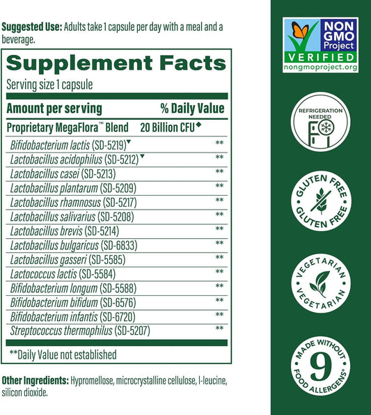 Megafood Megaflora Probiotic - Probiotics For Women Digestive Health - Immune Support Supplement - 20 Billion Cfu - 14 Strains - Non-Gmo - Vegetarian - 30 Mini Capsules (30 Servings)