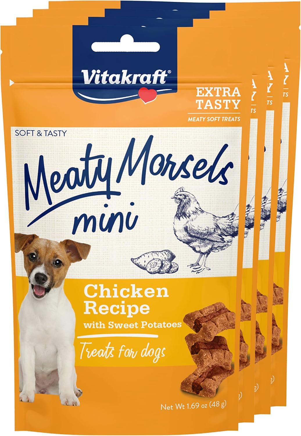 Vitakraft Meaty Morsels Mini Treats For Dogs - Chicken With Sweet Potatoes - Super Soft Dog Treats For Training - Two Layers Of Gently Oven-Baked Meaty Goodness - Multi Pack Of 4