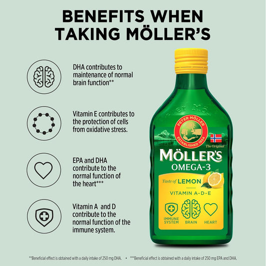 Moller’s ® | Omega 3 Cod Liver Oil | Omega-3 Dietary Supplements with EPA, DHA, Vitamin A, D and E | Superior Taste Award | Pure & Natural cod Liver Oil | Lemon | 250 mlMollersLemonPanEU