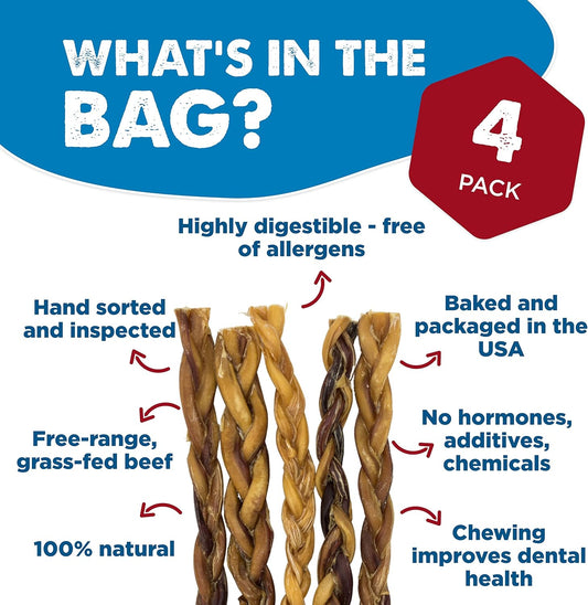 Best Bully Sticks All Natural 12 Inch Braided Bully Sticks For Medium And Large Dogs - Highly Digestible Limited Ingredient Rawhide Alternative Dog Chew - Free-Range Grass-Fed Beef Dog Treats - 4 Pack