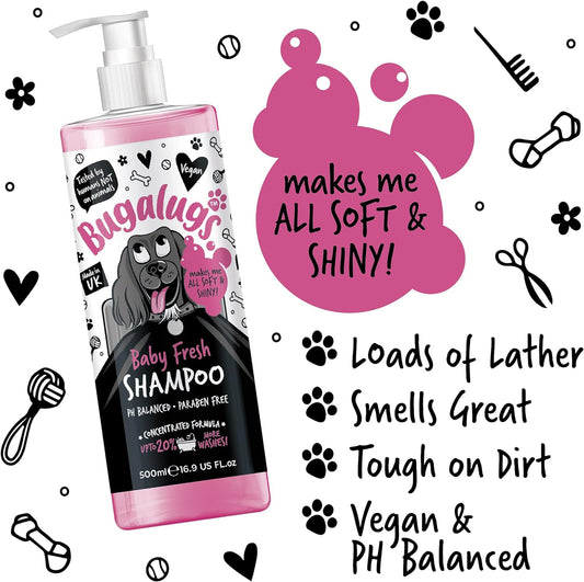 BUGALUGS Baby Fresh Dog Shampoo 500ml dog grooming shampoo products for smelly dogs with baby powder scent, best puppy shampoo baby fresh, shampoo conditioner, Vegan pet shampoo professional (500ml)?5056176245399