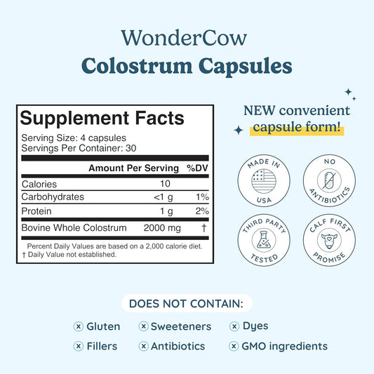 Wondercow Colostrum Capsules Supplement For Gut Health, Immune Support, Muscle Recovery & Wellness | Natural Igg Pure Whole Bovine Colostrum Superfood, Unflavored, 30 Servings