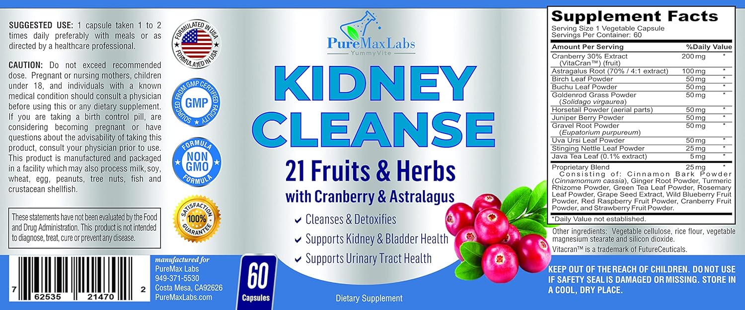 Yummyvite Herbal Kidney Cleanse With Cranberry Extract, Astralagus - 21 Fruits & Herbs - Detox & Cleanse Urinary Tract & Bladder Health, Kidney Support, 60 Vegan Capsules : Health & Household