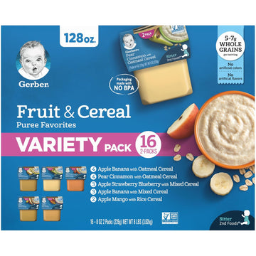 Gerber 2Nd Foods Fruit And Cereal Puree Favorites Baby Food, Variety Pack, 4 Oz Tubs (32 Pack)