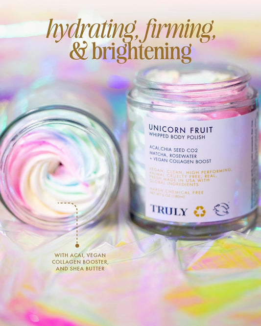 Truly Beauty Unicorn Whipped Body Polish With Chia, Acai And Rose - With Shea For Women, Body Butter Cream For Softer, Smoother And Glowing Skin - 2 Fl. Oz