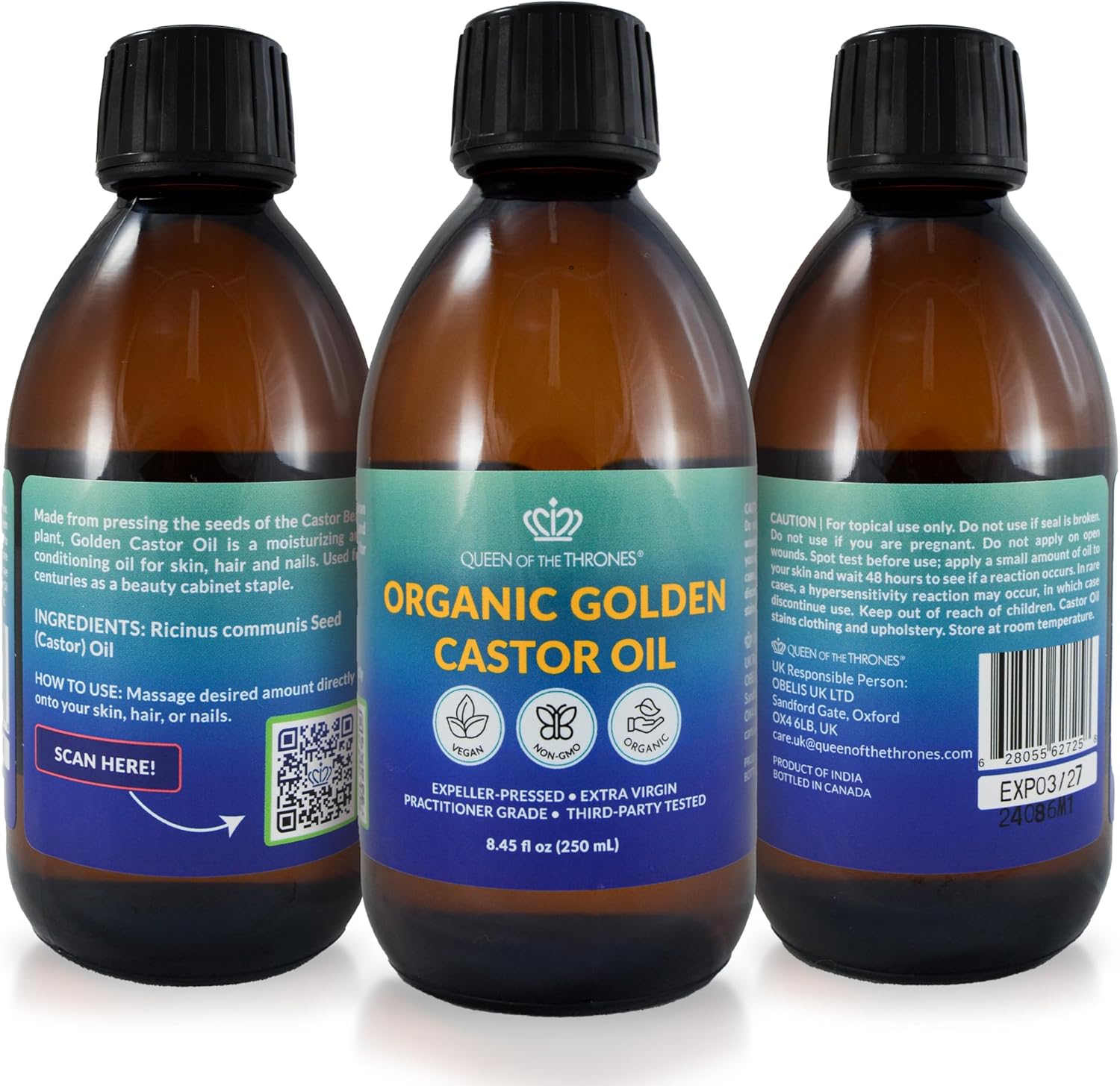 QUEEN OF THE THRONES Organic Golden Castor Oil - 8.45oz (250mL) | 100% Pure & Expeller-Pressed for Hair, Skin & Nails | Hexane-Free | USDA Certified Organic : Amazon.co.uk: Beauty