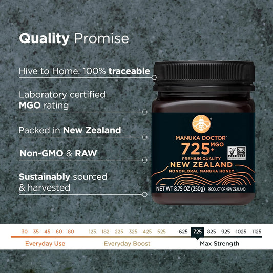 Manuka Doctor - Mgo 725+ Manuka Honey Monofloral, 100% Pure New Zealand Honey. Certified. Guaranteed. Raw. Non-Gmo (8.75 Oz)